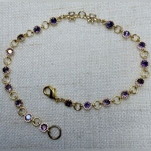 18K gold plated bracelet,CZ purple stones,flower accents,lobster.Gift box. 7.5”
